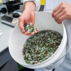 bucket containing small pieces of glass